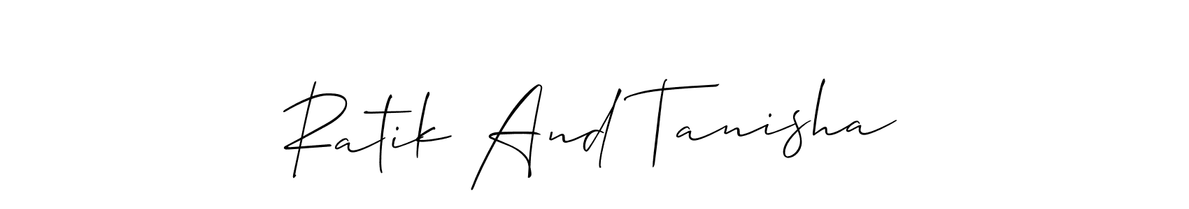 The best way (Allison_Script) to make a short signature is to pick only two or three words in your name. The name Ratik And Tanisha include a total of six letters. For converting this name. Ratik And Tanisha signature style 2 images and pictures png