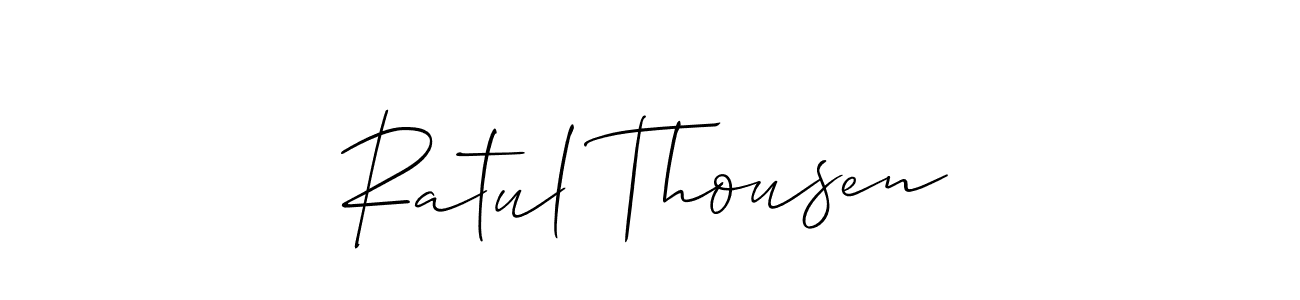 The best way (Allison_Script) to make a short signature is to pick only two or three words in your name. The name Ratul Thousen include a total of six letters. For converting this name. Ratul Thousen signature style 2 images and pictures png