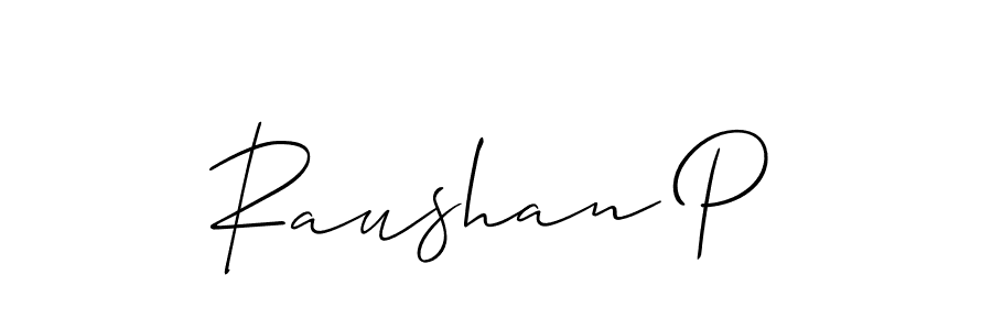 The best way (Allison_Script) to make a short signature is to pick only two or three words in your name. The name Raushan P include a total of six letters. For converting this name. Raushan P signature style 2 images and pictures png