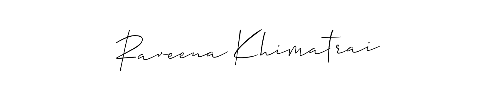 The best way (Allison_Script) to make a short signature is to pick only two or three words in your name. The name Raveena Khimatrai include a total of six letters. For converting this name. Raveena Khimatrai signature style 2 images and pictures png