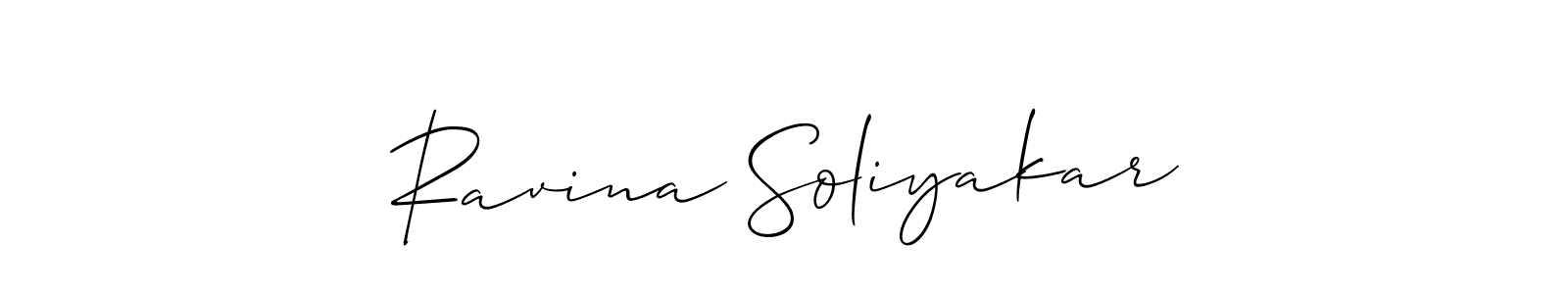 This is the best signature style for the Ravina Soliyakar name. Also you like these signature font (Allison_Script). Mix name signature. Ravina Soliyakar signature style 2 images and pictures png