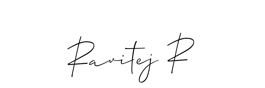 The best way (Allison_Script) to make a short signature is to pick only two or three words in your name. The name Ravitej R include a total of six letters. For converting this name. Ravitej R signature style 2 images and pictures png