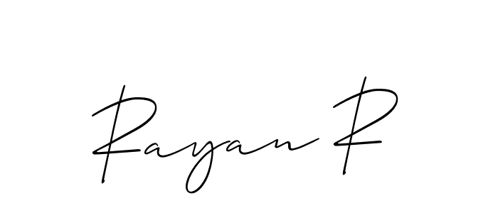 if you are searching for the best signature style for your name Rayan R. so please give up your signature search. here we have designed multiple signature styles  using Allison_Script. Rayan R signature style 2 images and pictures png