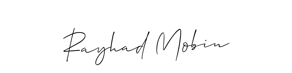 The best way (Allison_Script) to make a short signature is to pick only two or three words in your name. The name Rayhad Mobin include a total of six letters. For converting this name. Rayhad Mobin signature style 2 images and pictures png