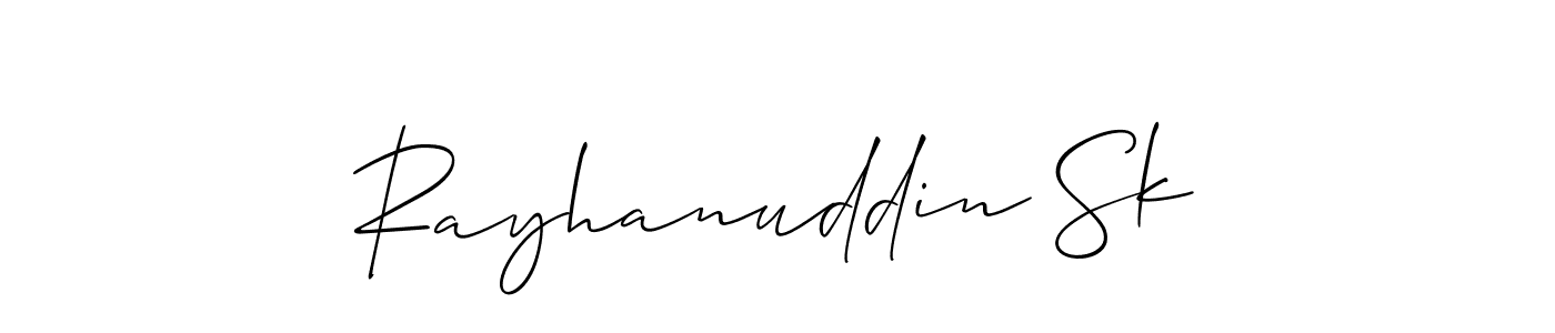 The best way (Allison_Script) to make a short signature is to pick only two or three words in your name. The name Rayhanuddin Sk include a total of six letters. For converting this name. Rayhanuddin Sk signature style 2 images and pictures png