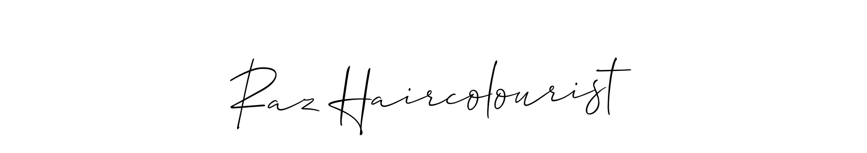The best way (Allison_Script) to make a short signature is to pick only two or three words in your name. The name Raz Haircolourist include a total of six letters. For converting this name. Raz Haircolourist signature style 2 images and pictures png
