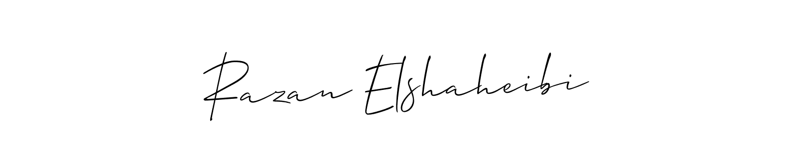 The best way (Allison_Script) to make a short signature is to pick only two or three words in your name. The name Razan Elshaheibi include a total of six letters. For converting this name. Razan Elshaheibi signature style 2 images and pictures png