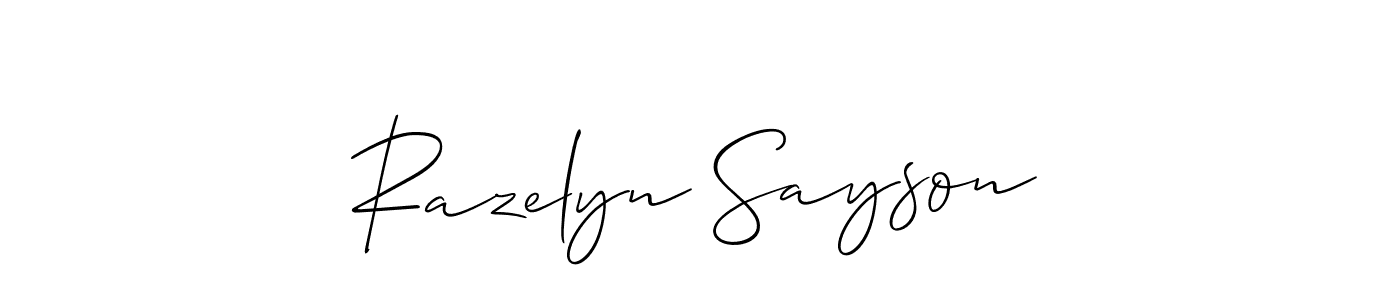 Allison_Script is a professional signature style that is perfect for those who want to add a touch of class to their signature. It is also a great choice for those who want to make their signature more unique. Get Razelyn Sayson name to fancy signature for free. Razelyn Sayson signature style 2 images and pictures png