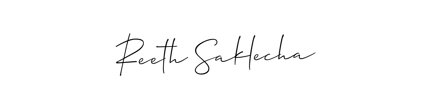 The best way (Allison_Script) to make a short signature is to pick only two or three words in your name. The name Reeth Saklecha include a total of six letters. For converting this name. Reeth Saklecha signature style 2 images and pictures png