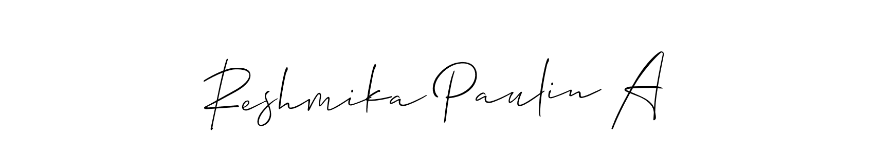 The best way (Allison_Script) to make a short signature is to pick only two or three words in your name. The name Reshmika Paulin A include a total of six letters. For converting this name. Reshmika Paulin A signature style 2 images and pictures png