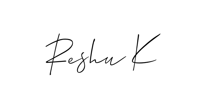 Allison_Script is a professional signature style that is perfect for those who want to add a touch of class to their signature. It is also a great choice for those who want to make their signature more unique. Get Reshu K name to fancy signature for free. Reshu K signature style 2 images and pictures png