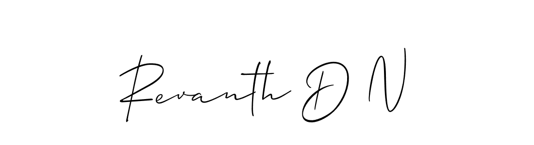 The best way (Allison_Script) to make a short signature is to pick only two or three words in your name. The name Revanth D N include a total of six letters. For converting this name. Revanth D N signature style 2 images and pictures png