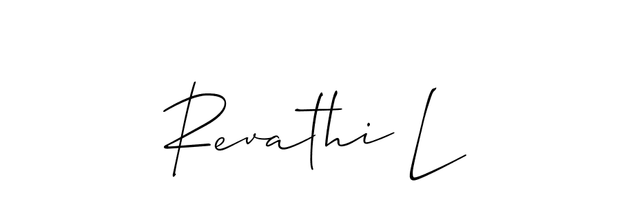 The best way (Allison_Script) to make a short signature is to pick only two or three words in your name. The name Revathi L include a total of six letters. For converting this name. Revathi L signature style 2 images and pictures png