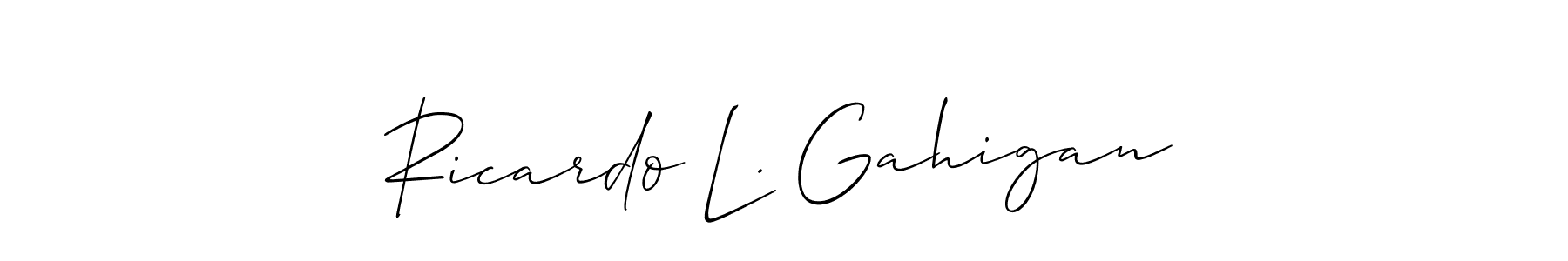 Check out images of Autograph of Ricardo L. Gahigan name. Actor Ricardo L. Gahigan Signature Style. Allison_Script is a professional sign style online. Ricardo L. Gahigan signature style 2 images and pictures png