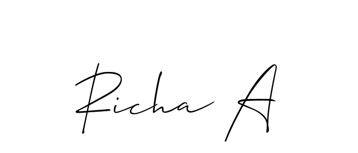 The best way (Allison_Script) to make a short signature is to pick only two or three words in your name. The name Richa A include a total of six letters. For converting this name. Richa A signature style 2 images and pictures png