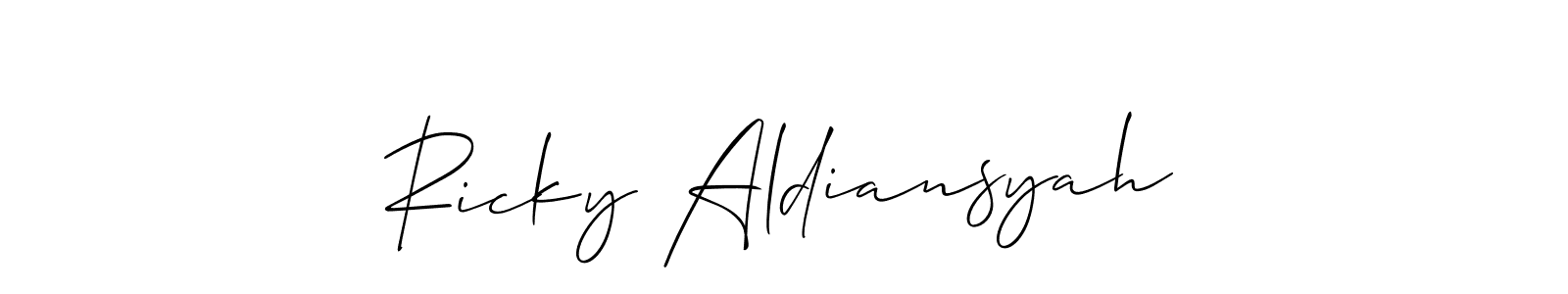 The best way (Allison_Script) to make a short signature is to pick only two or three words in your name. The name Ricky Aldiansyah include a total of six letters. For converting this name. Ricky Aldiansyah signature style 2 images and pictures png