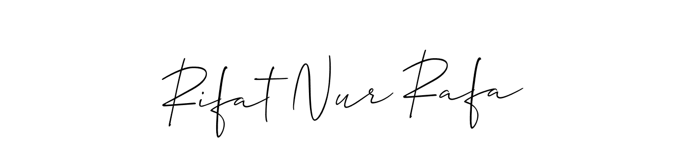 The best way (Allison_Script) to make a short signature is to pick only two or three words in your name. The name Rifat Nur Rafa include a total of six letters. For converting this name. Rifat Nur Rafa signature style 2 images and pictures png