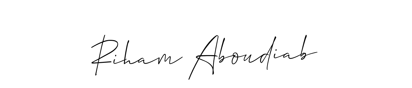 Make a short Riham Aboudiab signature style. Manage your documents anywhere anytime using Allison_Script. Create and add eSignatures, submit forms, share and send files easily. Riham Aboudiab signature style 2 images and pictures png