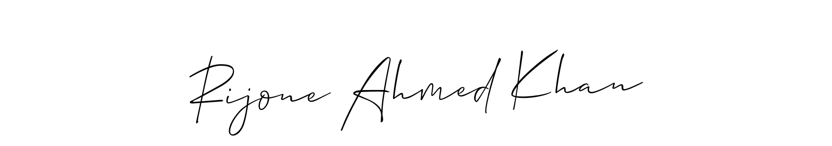 The best way (Allison_Script) to make a short signature is to pick only two or three words in your name. The name Rijone Ahmed Khan include a total of six letters. For converting this name. Rijone Ahmed Khan signature style 2 images and pictures png