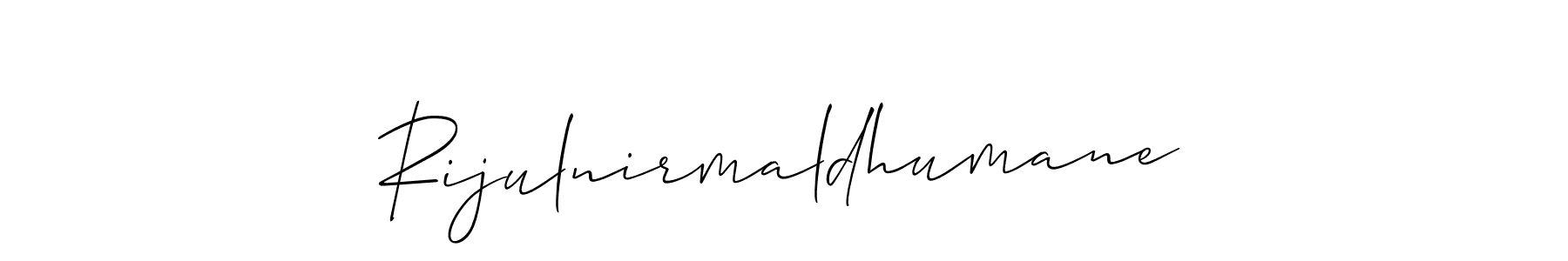 Allison_Script is a professional signature style that is perfect for those who want to add a touch of class to their signature. It is also a great choice for those who want to make their signature more unique. Get Rijulnirmaldhumane name to fancy signature for free. Rijulnirmaldhumane signature style 2 images and pictures png