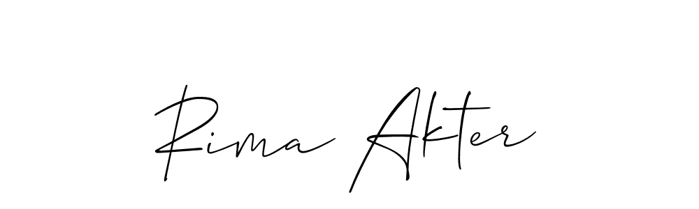 The best way (Allison_Script) to make a short signature is to pick only two or three words in your name. The name Rima Akter include a total of six letters. For converting this name. Rima Akter signature style 2 images and pictures png