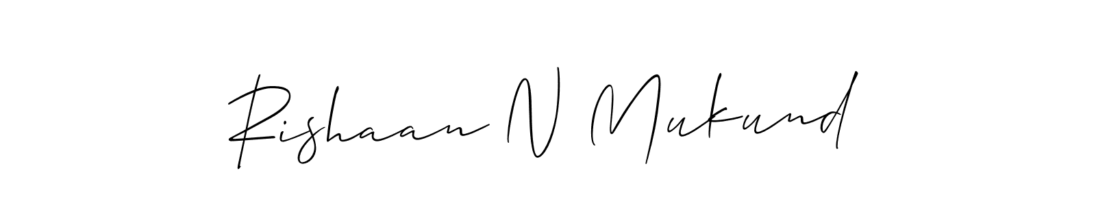 Create a beautiful signature design for name Rishaan N Mukund. With this signature (Allison_Script) fonts, you can make a handwritten signature for free. Rishaan N Mukund signature style 2 images and pictures png