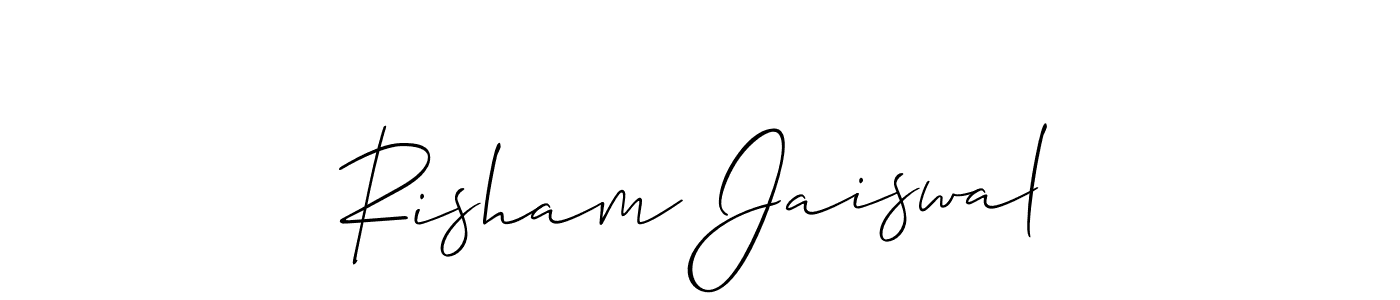 The best way (Allison_Script) to make a short signature is to pick only two or three words in your name. The name Risham Jaiswal include a total of six letters. For converting this name. Risham Jaiswal signature style 2 images and pictures png