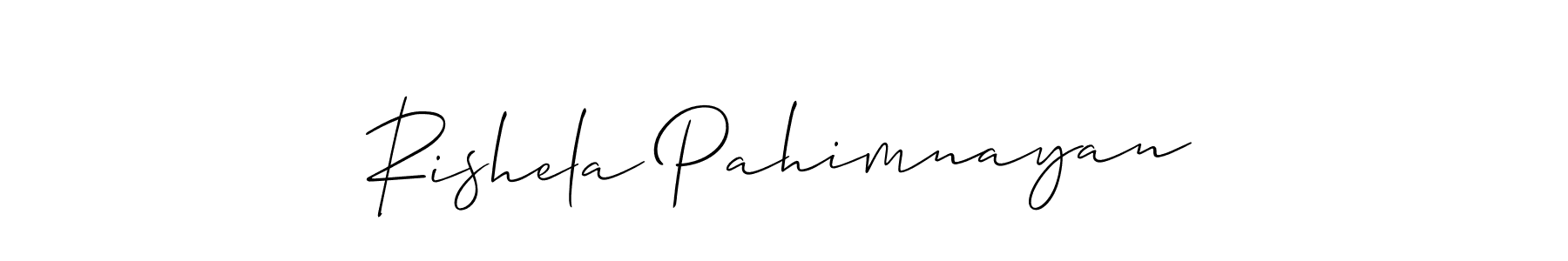 You can use this online signature creator to create a handwritten signature for the name Rishela Pahimnayan. This is the best online autograph maker. Rishela Pahimnayan signature style 2 images and pictures png
