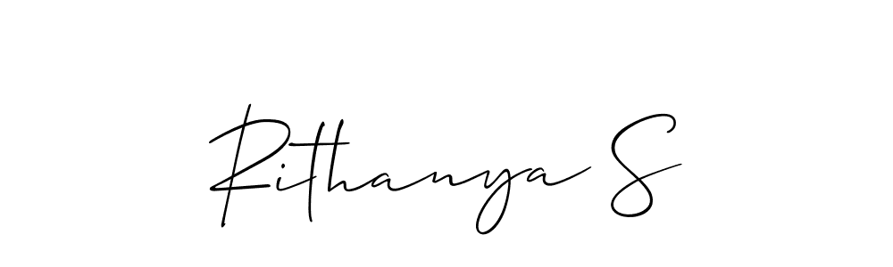 The best way (Allison_Script) to make a short signature is to pick only two or three words in your name. The name Rithanya S include a total of six letters. For converting this name. Rithanya S signature style 2 images and pictures png