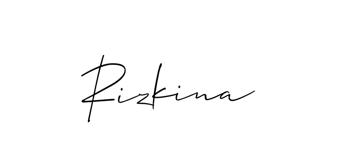 The best way (Allison_Script) to make a short signature is to pick only two or three words in your name. The name Rizkina include a total of six letters. For converting this name. Rizkina signature style 2 images and pictures png