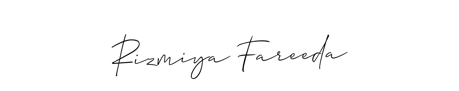 The best way (Allison_Script) to make a short signature is to pick only two or three words in your name. The name Rizmiya Fareeda include a total of six letters. For converting this name. Rizmiya Fareeda signature style 2 images and pictures png