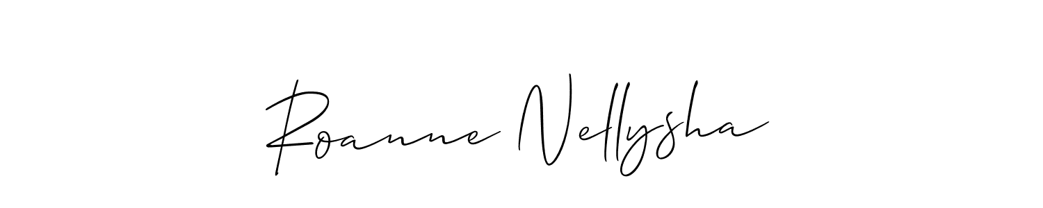 The best way (Allison_Script) to make a short signature is to pick only two or three words in your name. The name Roanne Nellysha include a total of six letters. For converting this name. Roanne Nellysha signature style 2 images and pictures png
