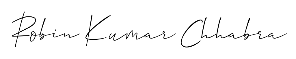 A stylish, flowing autograph style designed for name Robin Kumar Chhabra using Allison_Script typography. Perfect for digital creative projects. Robin Kumar Chhabra signature style 2 images and pictures png