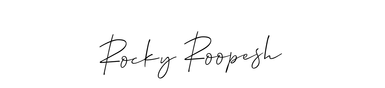 The best way (Allison_Script) to make a short signature is to pick only two or three words in your name. The name Rocky Roopesh include a total of six letters. For converting this name. Rocky Roopesh signature style 2 images and pictures png