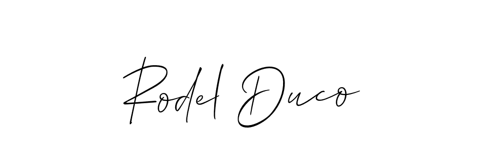 The best way (Allison_Script) to make a short signature is to pick only two or three words in your name. The name Rodel Duco include a total of six letters. For converting this name. Rodel Duco signature style 2 images and pictures png