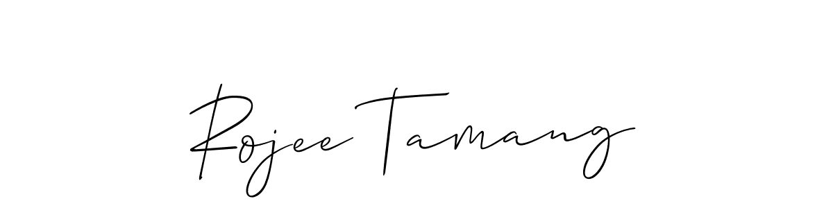 The best way (Allison_Script) to make a short signature is to pick only two or three words in your name. The name Rojee Tamang include a total of six letters. For converting this name. Rojee Tamang signature style 2 images and pictures png