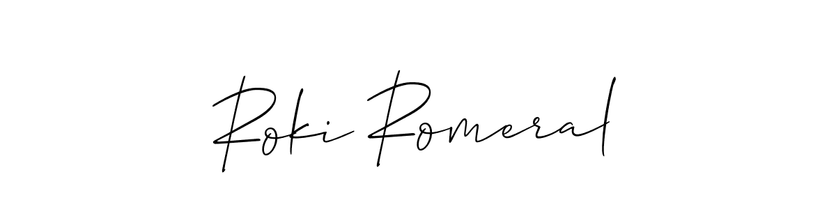 How to make Roki Romeral name signature. Use Allison_Script style for creating short signs online. This is the latest handwritten sign. Roki Romeral signature style 2 images and pictures png