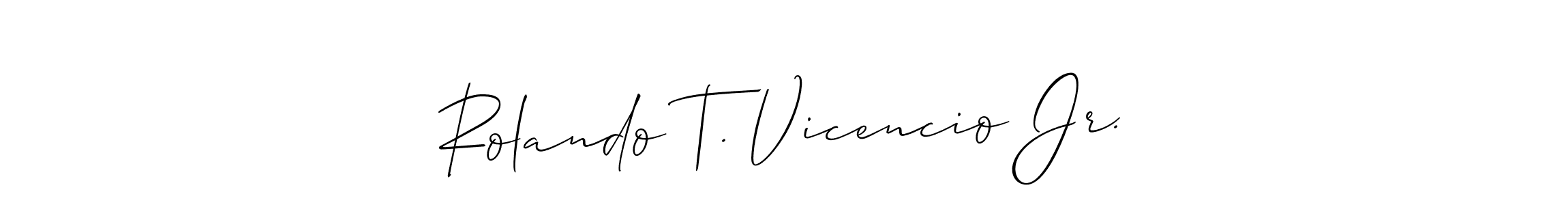 The best way (Allison_Script) to make a short signature is to pick only two or three words in your name. The name Rolando T. Vicencio Jr. include a total of six letters. For converting this name. Rolando T. Vicencio Jr. signature style 2 images and pictures png