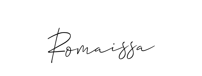 The best way (Allison_Script) to make a short signature is to pick only two or three words in your name. The name Romaissa include a total of six letters. For converting this name. Romaissa signature style 2 images and pictures png