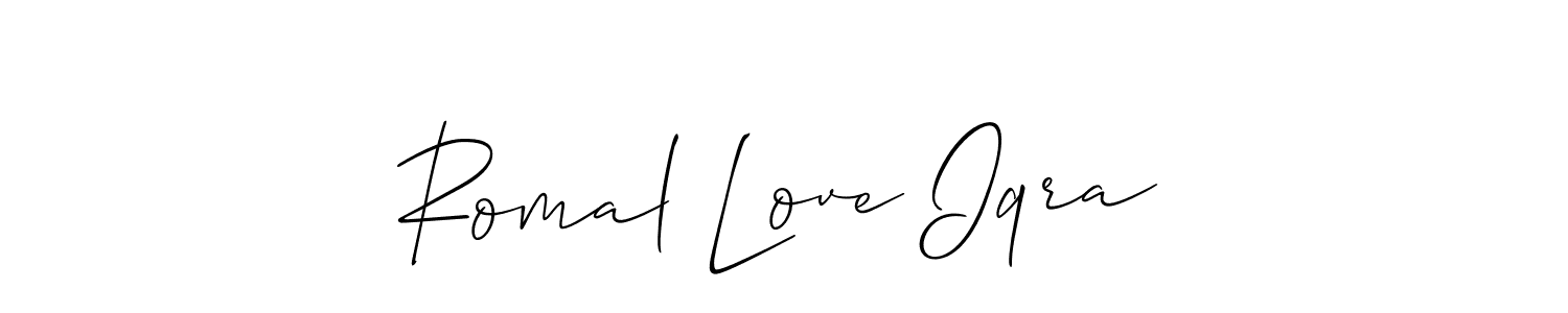 The best way (Allison_Script) to make a short signature is to pick only two or three words in your name. The name Romal Love Iqra include a total of six letters. For converting this name. Romal Love Iqra signature style 2 images and pictures png