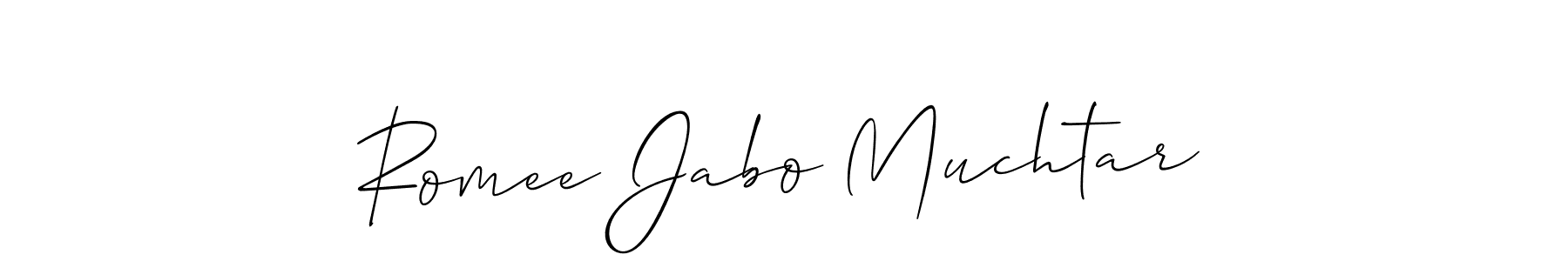 The best way (Allison_Script) to make a short signature is to pick only two or three words in your name. The name Romee Jabo Muchtar include a total of six letters. For converting this name. Romee Jabo Muchtar signature style 2 images and pictures png
