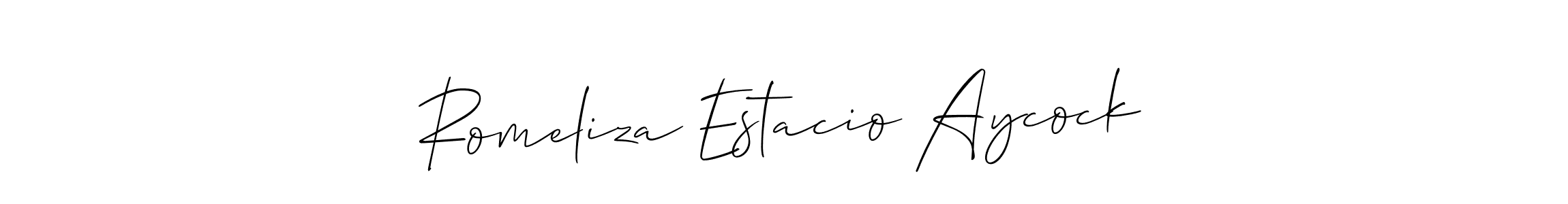 You should practise on your own different ways (Allison_Script) to write your name (Romeliza Estacio Aycock) in signature. don't let someone else do it for you. Romeliza Estacio Aycock signature style 2 images and pictures png
