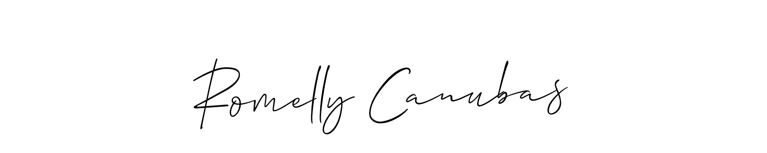 Use a signature maker to create a handwritten signature online. With this signature software, you can design (Allison_Script) your own signature for name Romelly Canubas. Romelly Canubas signature style 2 images and pictures png