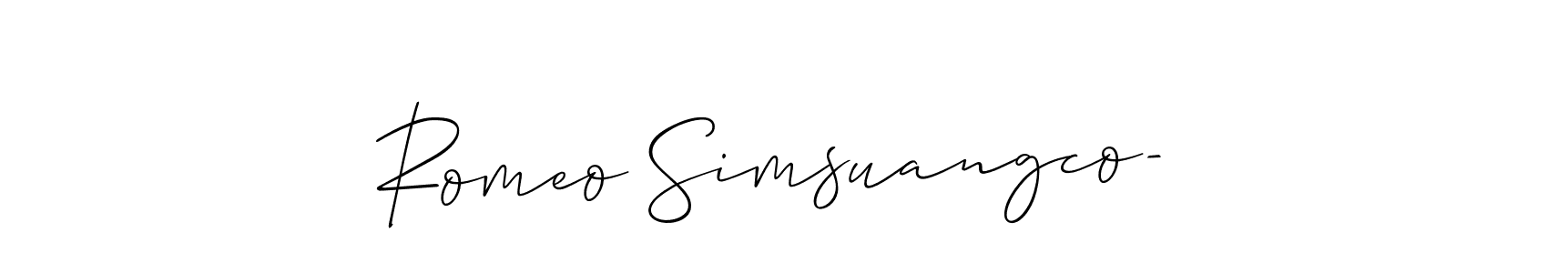 The best way (Allison_Script) to make a short signature is to pick only two or three words in your name. The name Romeo Simsuangco- include a total of six letters. For converting this name. Romeo Simsuangco- signature style 2 images and pictures png