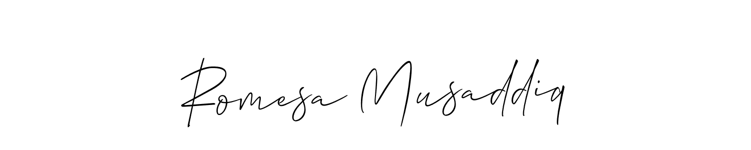 The best way (Allison_Script) to make a short signature is to pick only two or three words in your name. The name Romesa Musaddiq include a total of six letters. For converting this name. Romesa Musaddiq signature style 2 images and pictures png