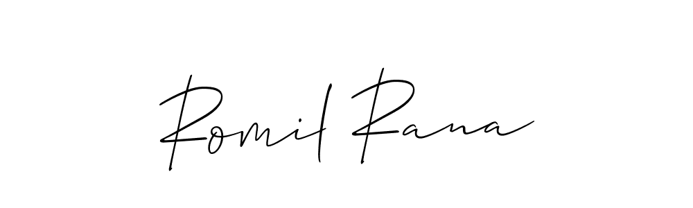 Make a beautiful signature design for name Romil Rana. With this signature (Allison_Script) style, you can create a handwritten signature for free. Romil Rana signature style 2 images and pictures png