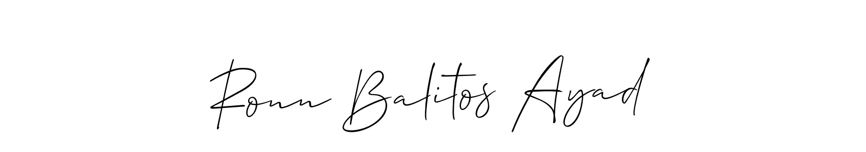 The best way (Allison_Script) to make a short signature is to pick only two or three words in your name. The name Ronn Balitos Ayad include a total of six letters. For converting this name. Ronn Balitos Ayad signature style 2 images and pictures png