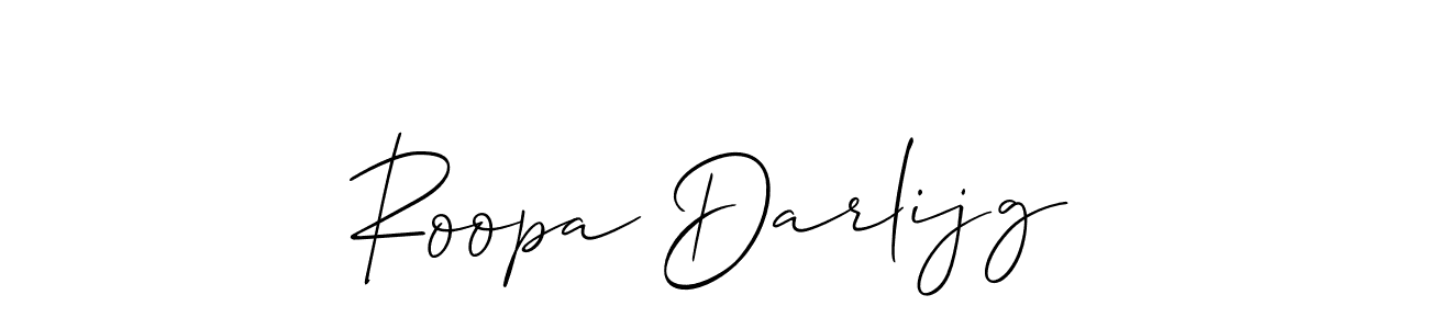 The best way (Allison_Script) to make a short signature is to pick only two or three words in your name. The name Roopa Darlijg include a total of six letters. For converting this name. Roopa Darlijg signature style 2 images and pictures png