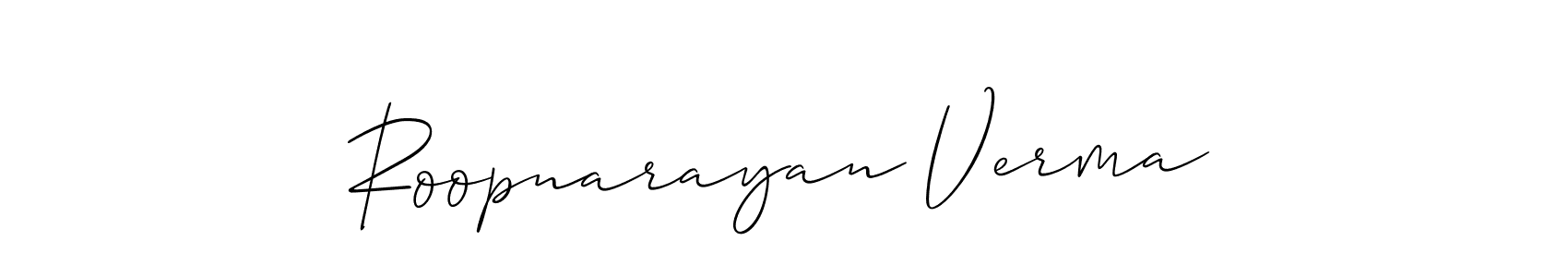 The best way (Allison_Script) to make a short signature is to pick only two or three words in your name. The name Roopnarayan Verma include a total of six letters. For converting this name. Roopnarayan Verma signature style 2 images and pictures png