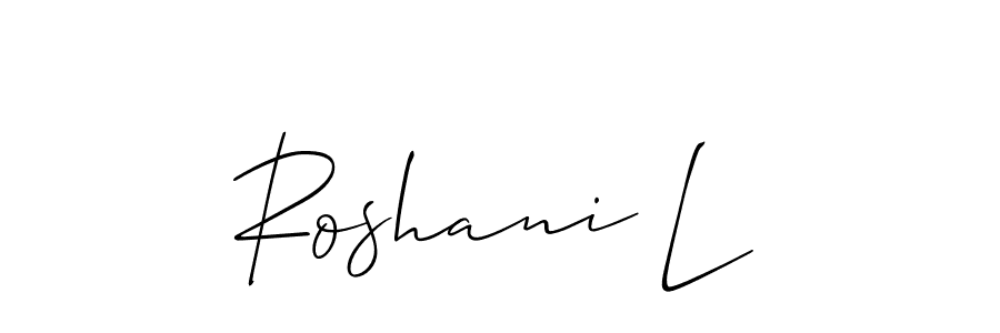 The best way (Allison_Script) to make a short signature is to pick only two or three words in your name. The name Roshani L include a total of six letters. For converting this name. Roshani L signature style 2 images and pictures png